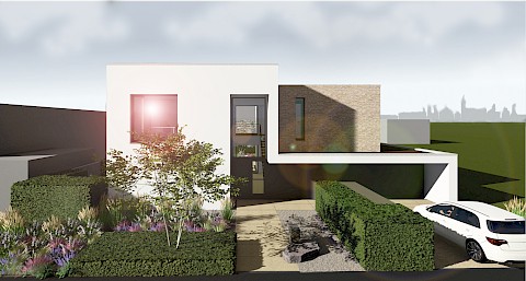 3D-Visualisierung eines geplanten Vorgartens in Paderborn.